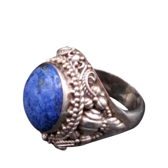Vintage Sterling Silver Lapis Lazuli Ring With Ornate Filigree Design - Picture 3 of 3